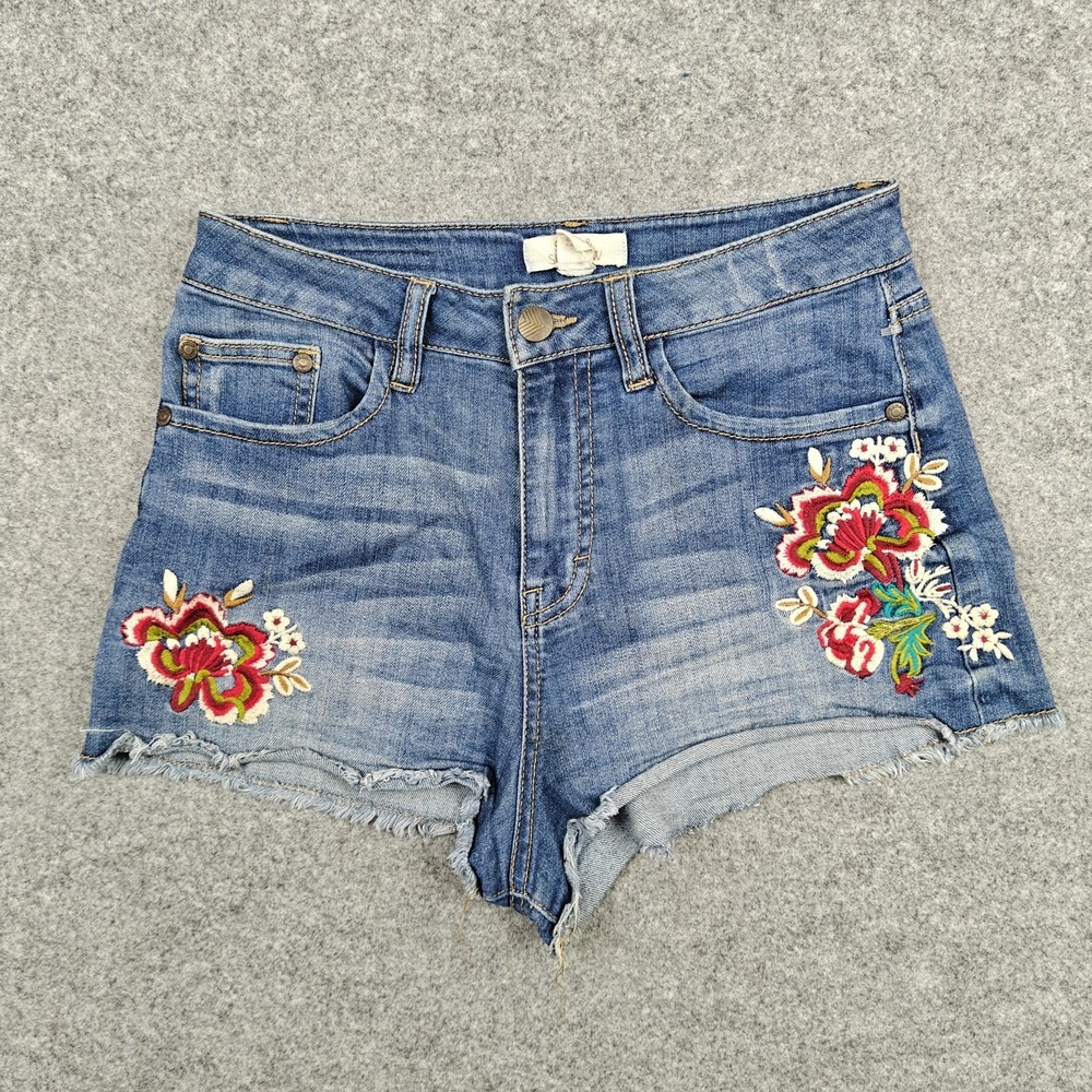 Sun & Shadow Shorts Womens 27 Blue‎ Denim Embroidered Cutoff Frayed Hem Floral